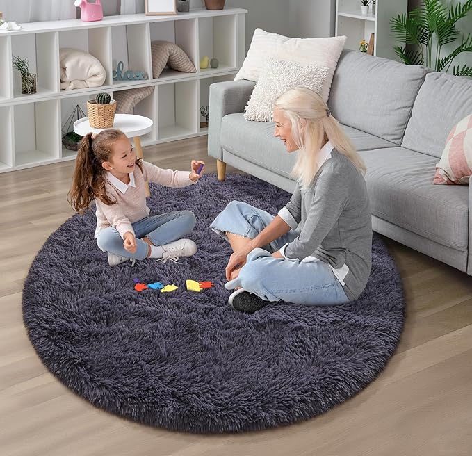 EVOIONOS Grey Purple Round Rug for Bedroom, 4x4 Ft Fluffy Soft Circle Area Rugs for Living Room, Plush Shaggy Circular Carpet Indoor Floor Bedside Kids Nursery, Machine-Washable Home Decor Aesthetic