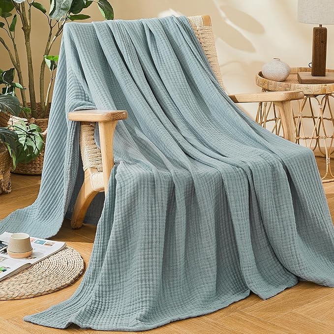 EMME Cotton Muslin King Blanket Bed Layering Bedspread Coverlet Breathable Gauze Blanket Soft Lightweight (Heather Teal, 108"x90")