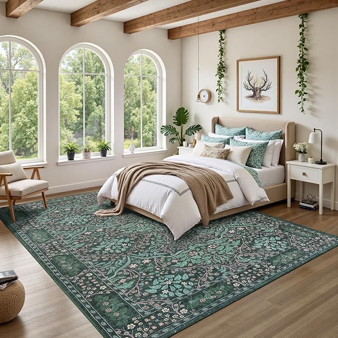 Boho 8x10 Area Rug for Living Room，Floral Washable Rug for Dining Room Entryway Farmhouse Nursery Home Office，Low Pile Stain & Slip Resistant Vintage Large Carpet for Bedroom-Dark Green ﻿