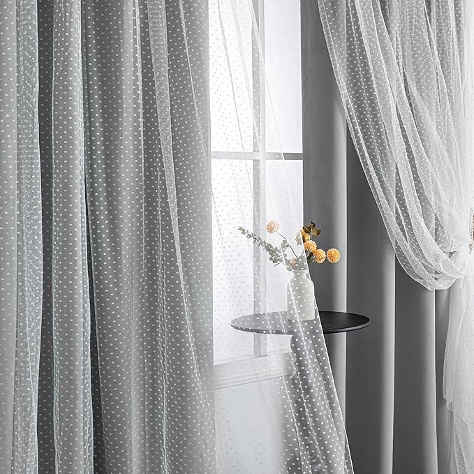MYSKY HOME 70% Blackout Curtains for Girls Bedroom & Nursery Kids Grey Cute Curtains Double Layer with Polka Dots Sheer, Grommet Tops, 52x84 Inch Each Panel, 2 Panels