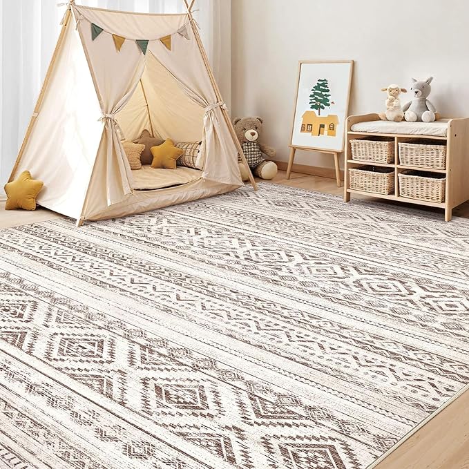 Area Rugs for Living Room Washable Living Room Rug Soft Neutral Indoor Floor Carpet Non-Slip Stain Resistant Modern Boho Rugs for Bedroom Dining Room Kids Room Nursery Office Home Dark Brown