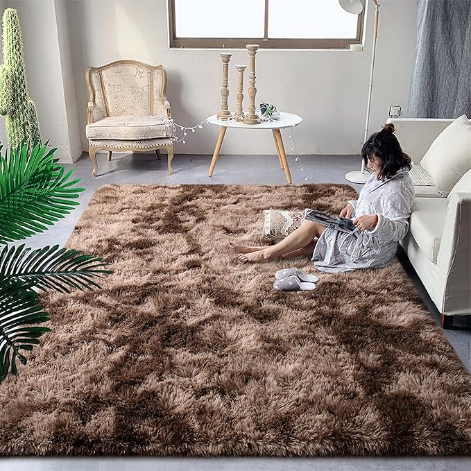DweIke Fluffy Brown Rugs for Bedroom Living Room, 4x6 Feet Soft Plush Shaggy Tie-Dyed Dark Coffee Girls Boys Kids Rug, Upgraded Non-Slip and Machine Washable Carpet for Dorm Nursery Classroom Decor