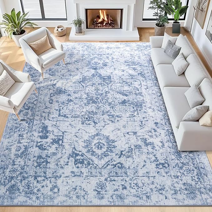 Area Rug 5x7, Washable Rug for Living Room, Large Area Rugs for Bedroom, Vintage Rug 5x7 for Dining Room, Non Slip Soft Low Pile Indoor Carpet for Kitchen, Nursery, Office, Farmhouse, Blue