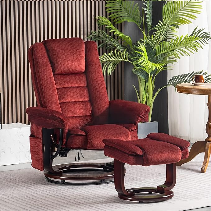 MCombo Swivel Recliner with Ottoman Chair, TV Chair Sets with Vibration Massage, for Small Space Living Room Bedroom 9096 9099 (Textile, Burgundy)