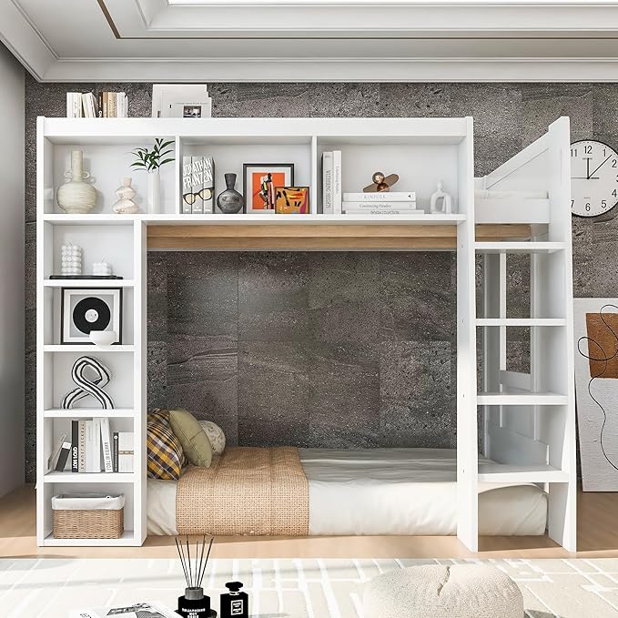 Playhouse Design Queen Size Loft Bed with Built-in Storage Shelves and 2 Windows, Solid Wood Loft Bed Frame with Safety Guardrail for Kids Teens Boys Girls, Space-Saving (White-12.9)