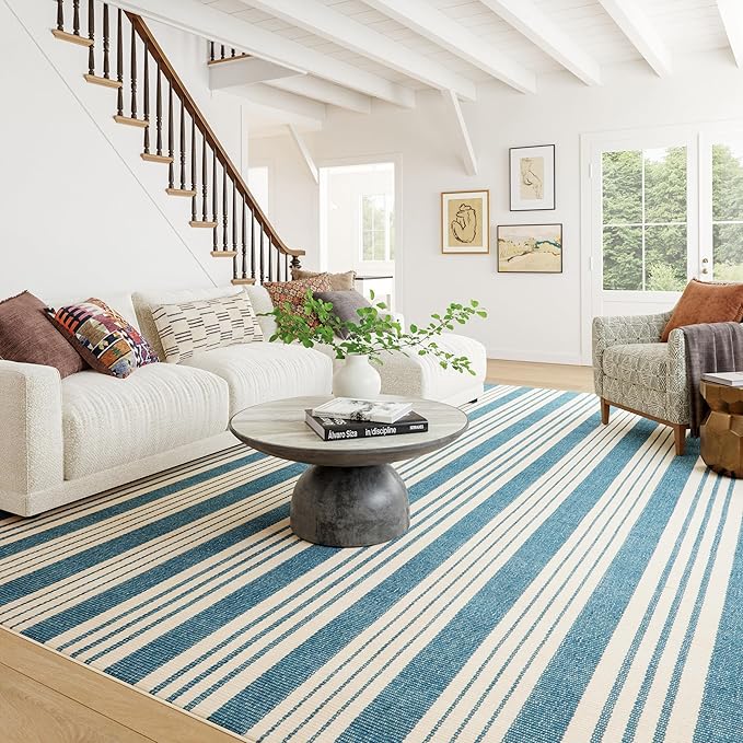 Dash & Albert Talos Blue Machine Washable Rug, 9.5 X 13.5 Feet, Blue/Ivory Stripe Pattern