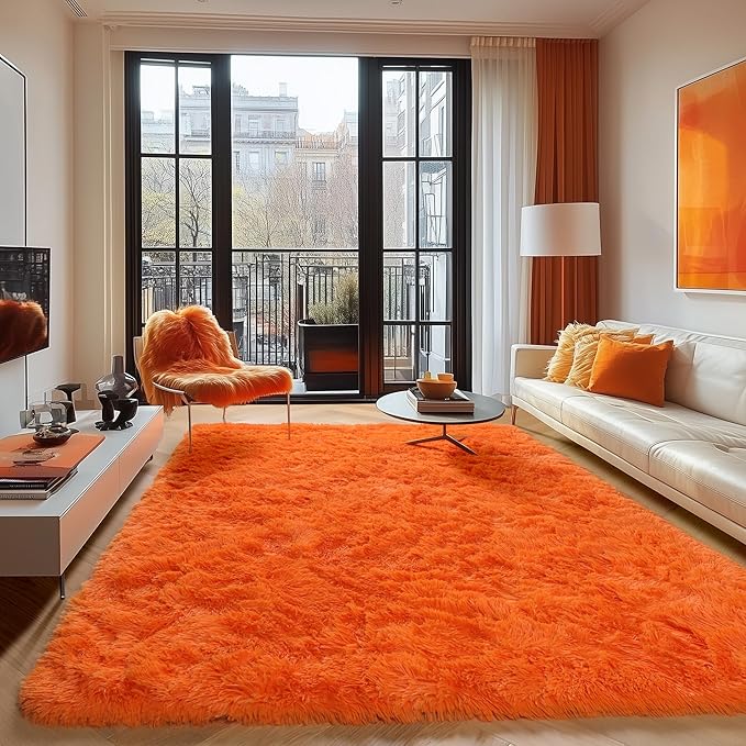 ONASAR Orange Rugs for Living Room Bedroom, 5x8 Washable Fluffy Bedside Area Rug, Soft Plush Shaggy Indoor Floor Carpet for Nursery Kids Girls Boys Teen Dorm Home Office Decor Aesthetic
