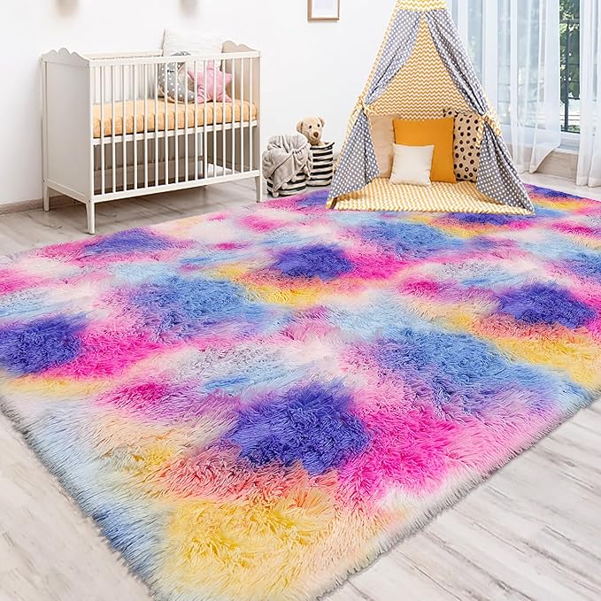 Dark Rainbow Rug for Kids Room 6x9 Cute Fluffy Kids Area Rugs for Bedroom Girls Boys Teens Dorm Toddler Nursery Soft Plush Fuzzy Shag Carpet for Living Room Indoor Floor Shaggy Rug Non Slip