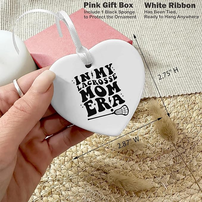 Heart Shaped Christmas Ornament-Lacrosse Mom Gift-Game Day Present for Mother Mama-Coach Appreciation Keepsake-Birthday or Mother's Day Ceramic Ornament-Home Decor in My Lacrosse Mom Era