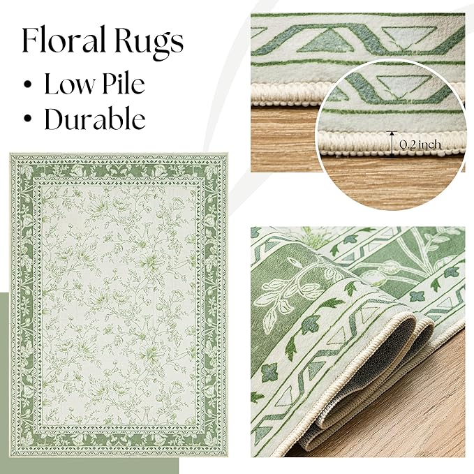 Sage Green Area Rugs 8x10 for Living Room Boho Washable Large Floral Floor Covering, 8 x 10 Cream Beige Green Rugs Bedroom Dining Room, Non Slip Farmhouse Floor Carpet for Kids Playroom Dorm Nursery