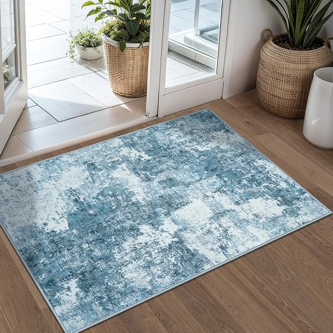 Area Rug 2x3 Washable Rug: Soft Small Entryway Rug with Anti-Slip Backing Non-Shedding Stain-Resistant Abstarct Modern Carpet for Kitchen Bedroom Indoor Front Entrance-Blue