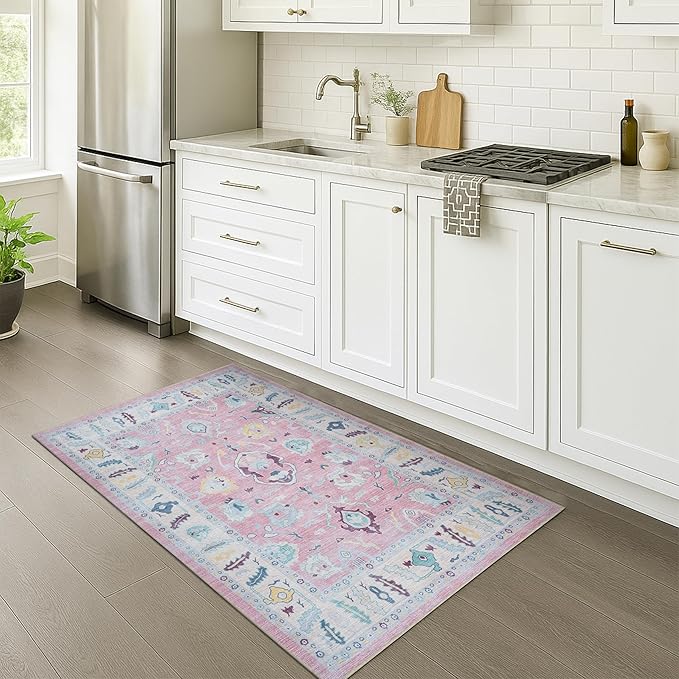 Fame Rugs Pink Modern Oushak Rug 3x5, Washable Vintage Turkish Colorful Oriental Antique Inspired Foldable Small Area Rugs, Luxury Living Room Bedroom (385PB, 2'6" x 5')