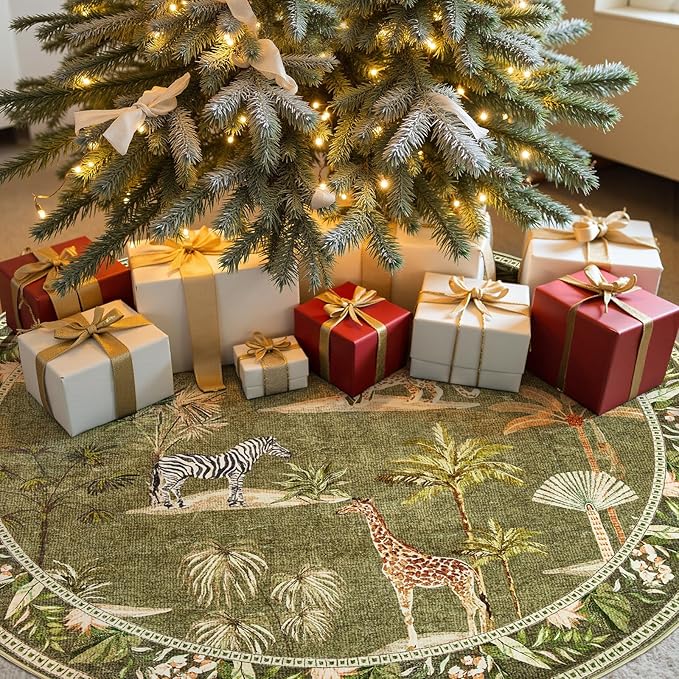 jinchan Round Rug 6ft Green Jungle Animals Print, Machine Washable 6' Circle Modern Soft Non-Slip Forest Plant Throw Area Rug Low Pile Christmas Carpet for Living Room Bedroom Dining Room Nursery