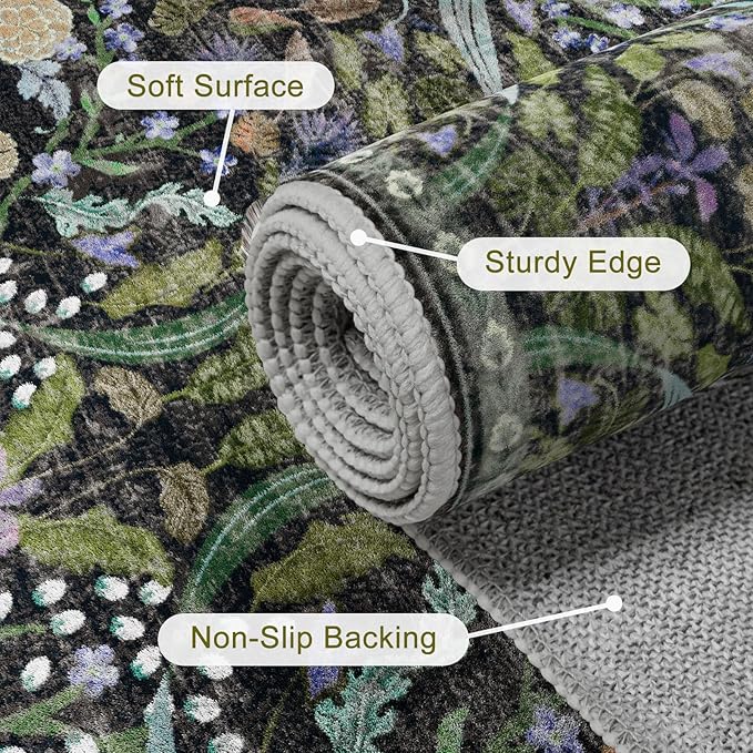 AMTOVO 2x6 Runner Rug for Hallway, Washable Non-Slip Long Kitchen Carpet, Floral Vintage Distressed Floor Mat for Hallways Entryway Living Room Laundry Room Bathroom Farmhouse, Black