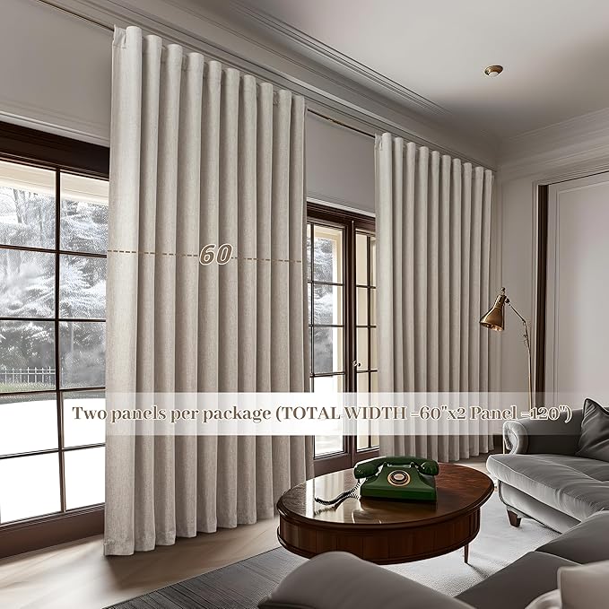 Curtains 60 Inch Length Wide Pleated Blackout Curtain for Sliding Glass Door/Living Room, Farmhouse Natural Linen Thick Boho Bedroom Heavy Insulated Large Window Drapes (60" Wx90 Lx2Panels)