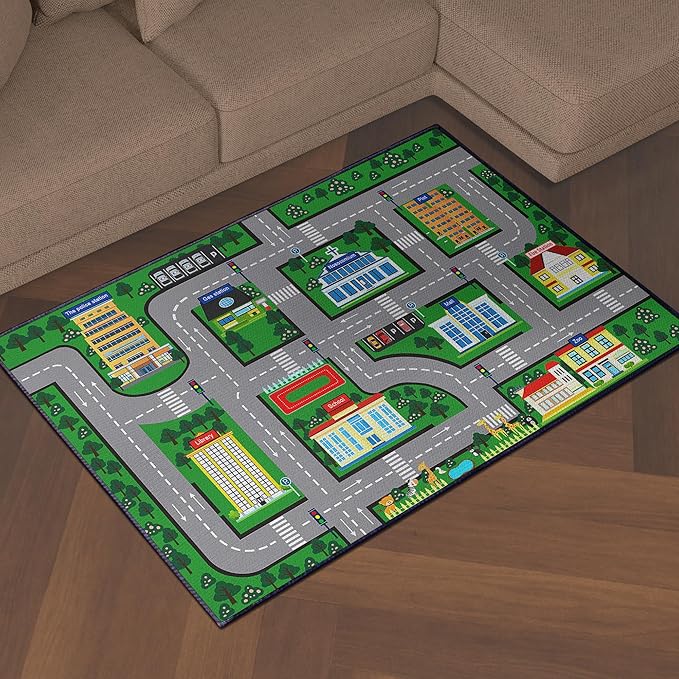Fun Car Play Area Carpet Car Mat 59"x39" Play Rug for Playroom Town City Road Map for Bedroom Non-Slip Washable
