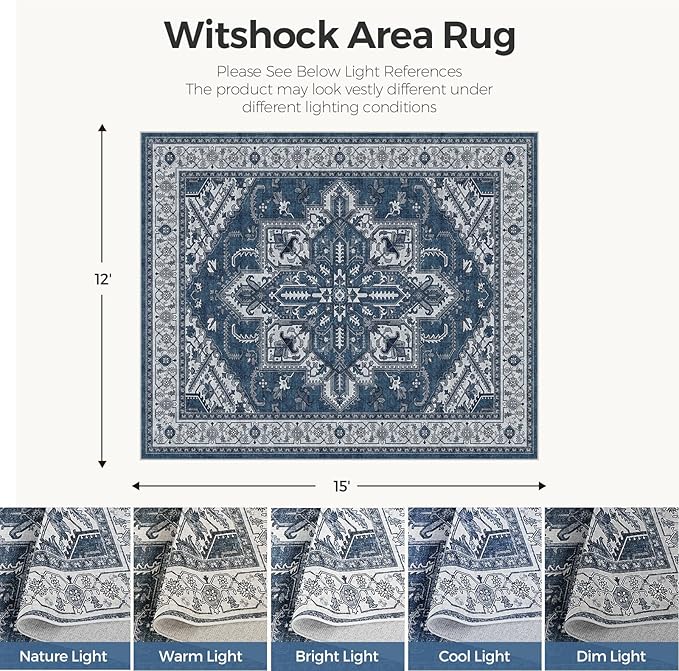 WITSHOCK Living Room Area Rugs 12x15: Washable Rug Boho Soft Non-Slip Low Pile Stain Resistant Foldable Carpet for Bedroom Playroom Dining Room Office Kitchen Farmhouse Home Decor Rug-Blue