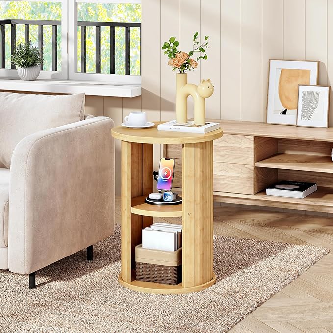 HOOBRO Small Round Side Table, 3-Tier Round Bamboo End Table, Sofa Bedside Table, Bohemian Style Nightstand Easy Assembly, for Living Room, Bedroom, Apartment, Natural YL192BZ01