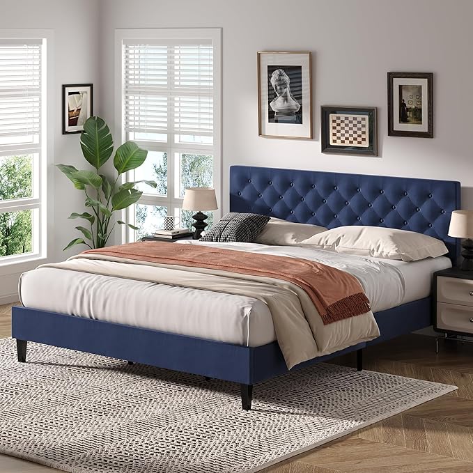 BarnFurin King Size Bed Frame, Upholstered Platform Bed Frame King with Button Tufted Headboard, Wooden Slats Support, No Box Spring Required, Easy Assembly, Navy Blue