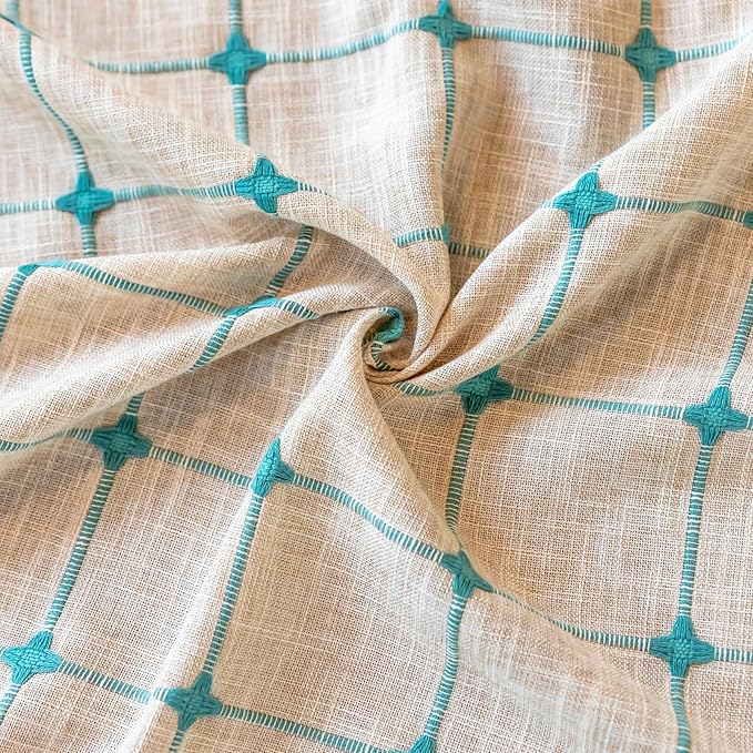 Deeprove Boho Curtains 96 Inches Long for Bedroom Living Room Nursery, Cotton Linen Plaids Beige Turquoise Teal Embroidery Bohemian Farmhouse Window Treatment Grids Drape Tassels, 1 Panel W52 x L96