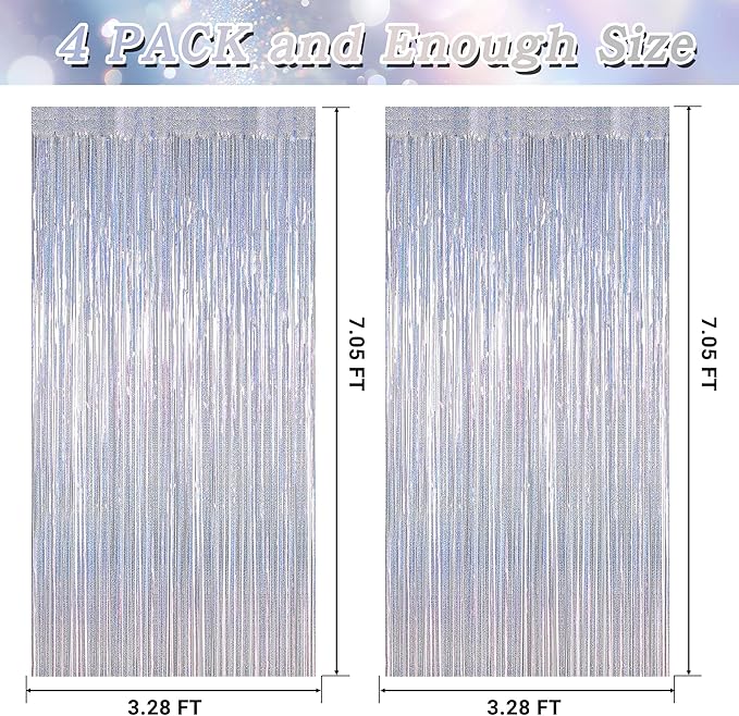 4 Pack New Year Party Fringe Backdrop, 3.28 FT x 7.05 FT Glitter Silver Tinsel Curtains, Metallic Foil Streamer Disco Fringe Backdrop Party Curtains, Birthday Party Supplies Disco Decorations