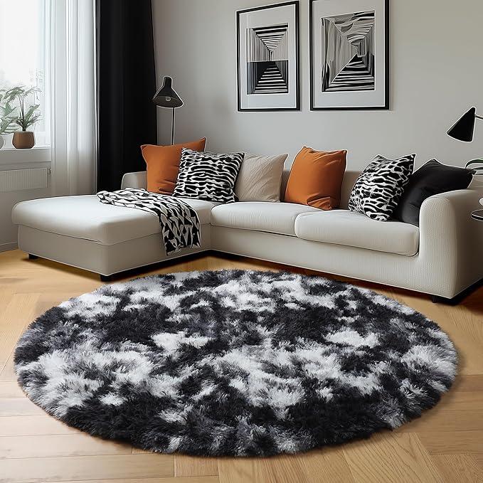 Amdrebio Black White Grey Round Rug 5Ft Circle Area Rugs for Living Room Bedroom, Fluffy Fuzzy Shaggy Furry Rugs for Kids Room Dorm Home Office, Shag Plush Floor Modern Cool Carpet for Men Teen Boys