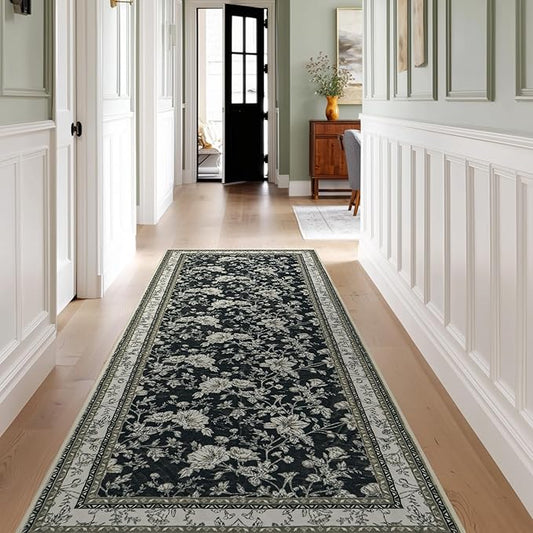 Black Boho Washable 3x8 Extra Long Hallway Runner Rug, Extra Large Kitchen Floor Rug Indoor Entryway, Non-Slip Low Pile Machine Washable, Vintage Farmhouse Cream Beige Taupe Pattern Floral Design