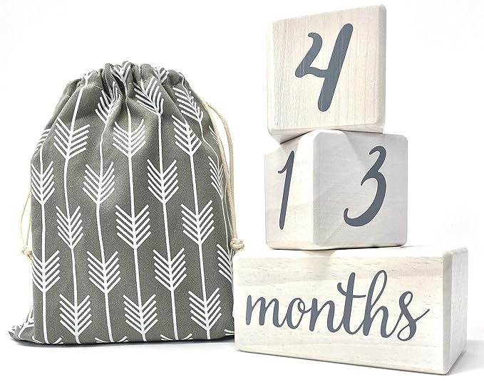Pondering Pine Baby Milestone Blocks - Natural White Stain Pine Wood with Weeks Months Years Grade - Milestones Age Block Set with Bag, Newborn Weekly Monthly First Year Picture Props, Earth Friendly