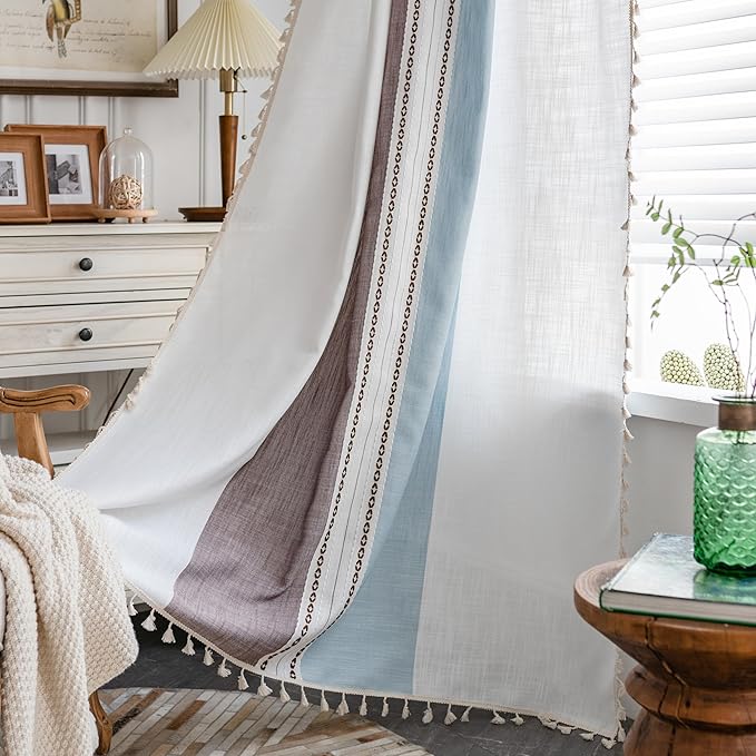 Deeprove Boho Linen Curtains 63 inch for Bedroom Living Room, Semi Blackout Cottage Farmhouse Tassels Window Treatment Bohemian Embroidery Drape Rod Pocket 1 Panel 52" W x 63" L, Blue and Brown