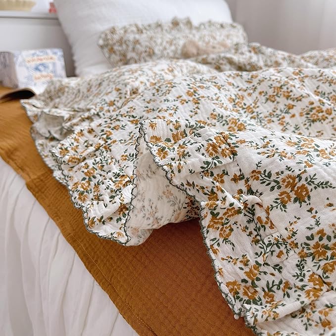 AOJIM Baby Muslin Duvet Cover with Floral Patterns, 1pc Pure Cotton Kids Bedding Comforter Cover 2-Layer Gauze 47X59'', Ruffled Design Baby Duvet Protector for Girls Boys, No Quilt or Pillowcases