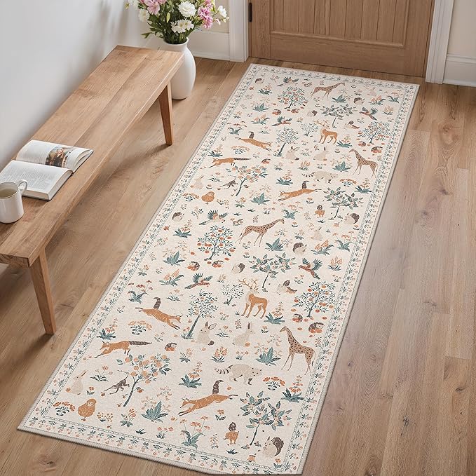 Runner Rug Non Slip 2'6''x 8', Floral Animal Print Rug Machine Washable Rug, Non Slip Low Pile Hallway Runner Carpet for Kitchen, Laundry, Bedroom, Bathroom, Beige