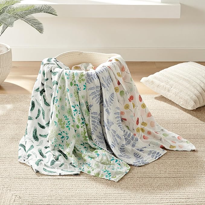 Margaux & May Organic Muslin Swaddle Blankets 2 Pack - 100% Organic, Large 47x47 Inches, Breathable Baby Blankets, Blue Fern and Green Feather