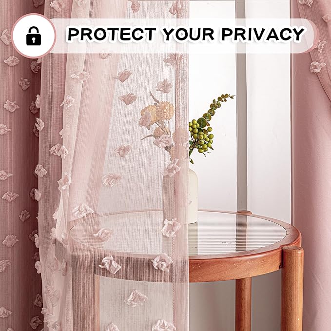 MYSKY HOME Double Layer Curtains for Girls Bedroom Kids Curtain Pink Pom Pom Sheer Window Curtains 2 Panels Pink Curtains Grommet Room Darkening Solid Nursery Curtains 63 Inches Length, W52 X L63