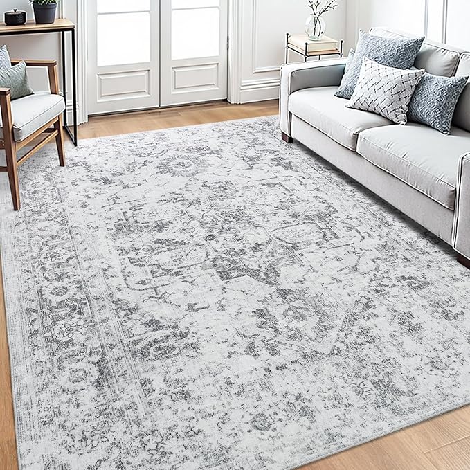 Area Rug 6x9, Washable Rug for Living Room, Large Area Rugs for Bedroom, Vintage Rug 6x9 for Dining Room, Non Slip Soft Low Pile Indoor Carpet for Kitchen, Nursery, Office, Farmhouse, Grey