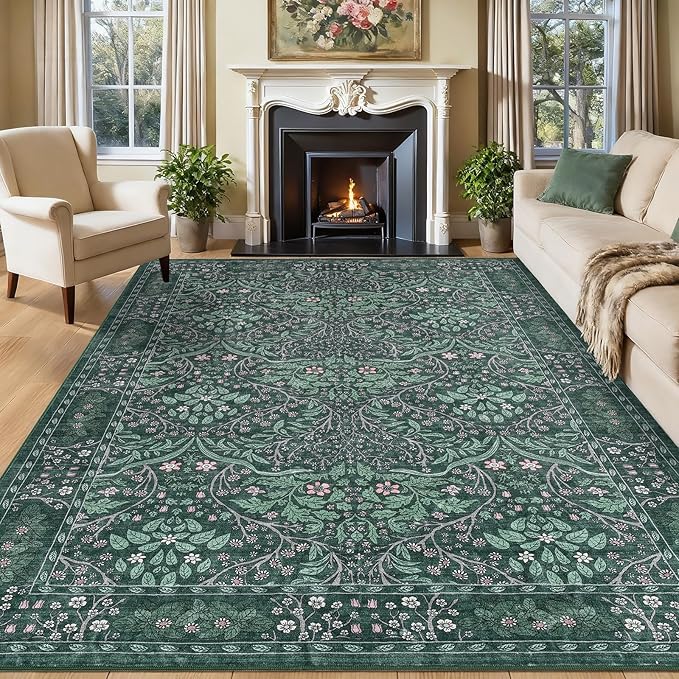 Boho 8x10 Area Rug for Living Room，Floral Washable Rug for Dining Room Entryway Farmhouse Nursery Home Office，Low Pile Stain & Slip Resistant Vintage Large Carpet for Bedroom-Dark Green ﻿