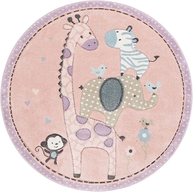 SAFAVIEH Carousel Kids Collection Area Rug - 3' Round, Blush Pink, Geometric Design, Ideal for High Traffic Areas in Living Room, Bedroom, Dining (CRK120U)