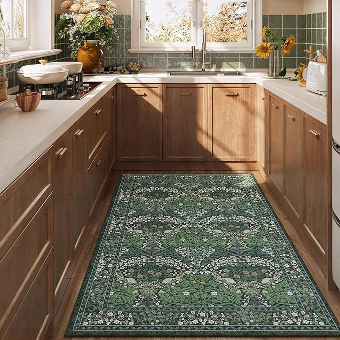 3x5 Washable Dark Green Floral Area Rug for Living Room, Non-Slip Soft Floral Print Vintage Boho Carpet, Forest Green Low Pile Rugs for Bedroom, Dining Room, Indoor Decor
