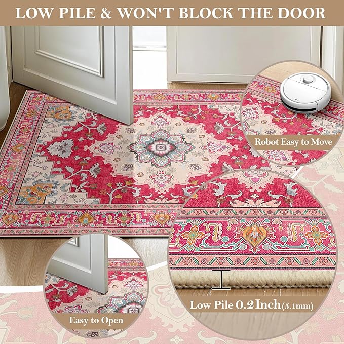 Machine Washable Rugs Nursery Rug 8x10 Area Rugs Non Slip Low Pile Water Repellent Soft Print Pattern for Bedroom Indoor Decor Kids Playroom Brightpink