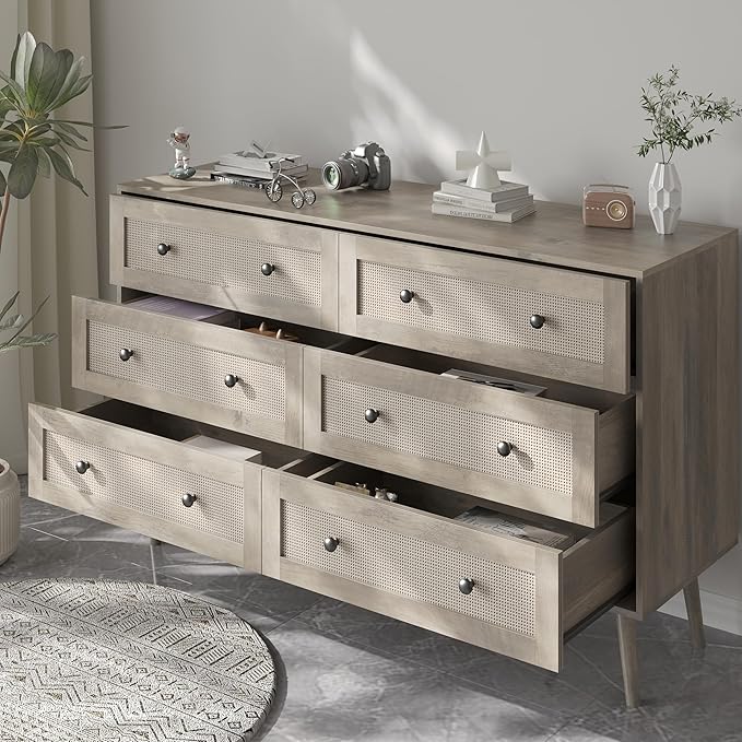 6 Drawer Dresser for Bedroom, 47.3" Rattan Chest of Drawers with Wooden Knobs, Natural Wood Dresser for Closet TV Stand Storage Organizer for Bedroom, Hallway, Office, Grey