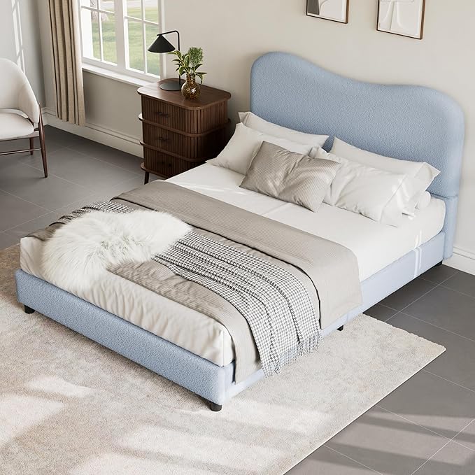 Senfot Blue Boucle Bed Frame with Upholstered Headboard, Soft Low Profile Sturdy Platform Bed with Rounded Corners Design, Heavy Duty, Wooden Slats, Noise Free, No Box Spring Needed, Full Size
