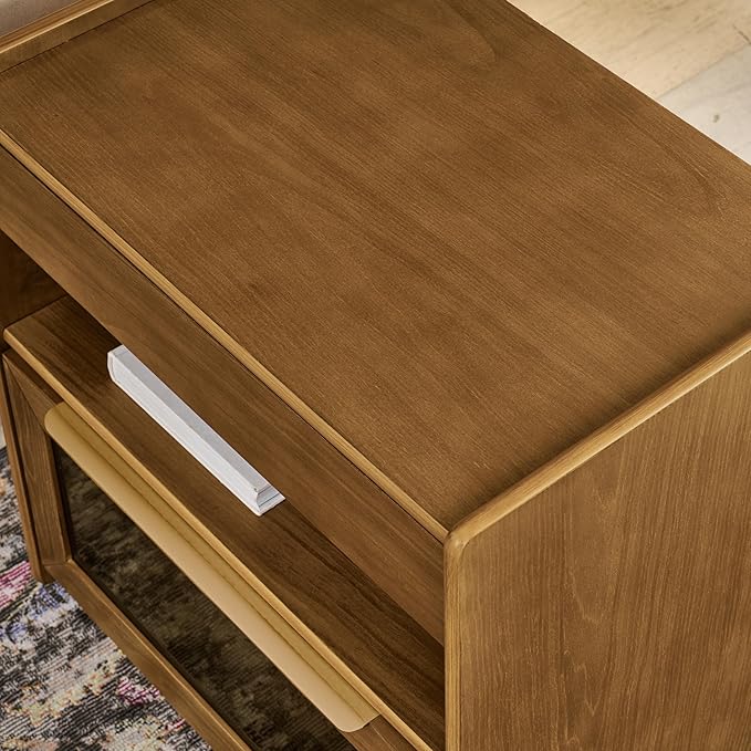 Mid Century Modern Nightstand with Charging Station, Farmhouse End Table with Outlet Hole, 2 Drawers & Open Shelf, Glass Drawer Storage End Table for Bedroom, Living Room, Dorm