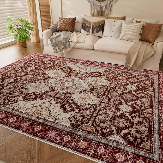 AMTOVO Area Rugs 5'x7' Washable Non-Slip, Vintage Boho Distressed Print Pattern Rugs for Living Room, Soft Low Pile Carpet for Bedroom Indoor Playroom Nursery Farmhouse Dining Room, Vintage Red