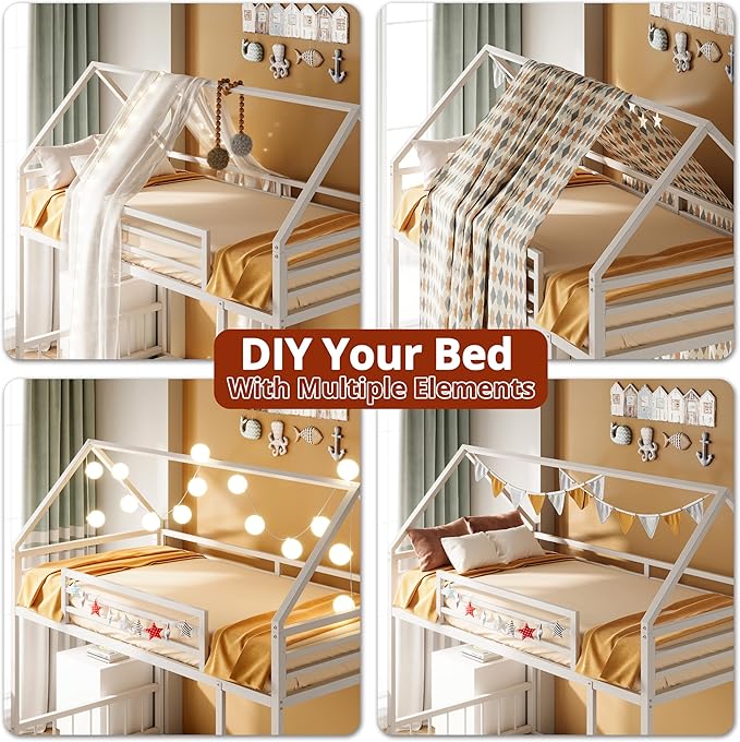 LIKIMIO Bunk Bed Twin XL Over Twin XL, Metal Bunk Bed Frame with Ladder and Guardrail, House Shaped with Metal Slats for Dormitory and Bedroom, Space Saving, No Box Spring Needed, White