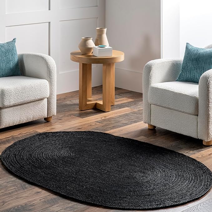 nuLOOM Oval 3x5 Rigo Jute Hand Woven Area Rug, Black, Solid Farmhouse Design, Natural Fiber, For Bedroom, Living Room, Dining Room, Hallway, Office, Kitchen, Entryway
