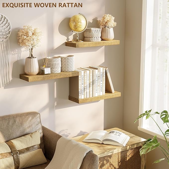 Alsonerbay Rattan Floating Shelves for Wall Set of 3, 15.7 Inch Wood Shelves Wall Mounted with Invisible Bracket for Bedroom Living Room Nursery and More