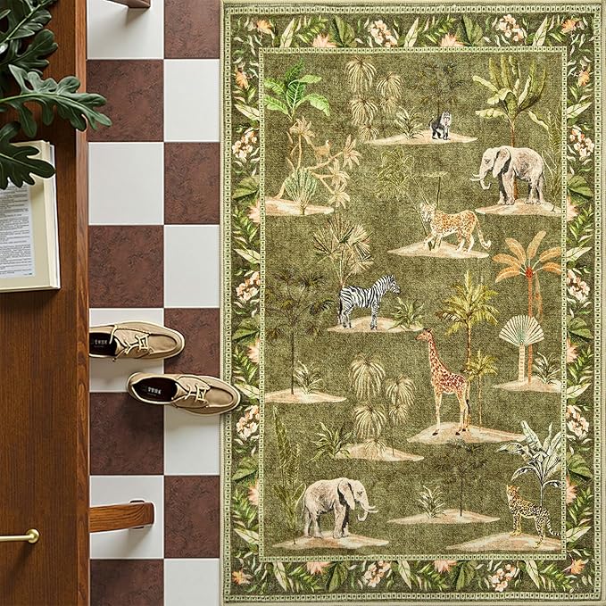 jinchan 3x5 Green Jungle Rug Washable Throw Entryway Rug Animals Print Kitchen Mat Indoor Ultra-Thin Low-Pile Non-Slip Soft Botanical Accent Christmas Carpet for Bedroom Laundry Room (3'x5', Green)