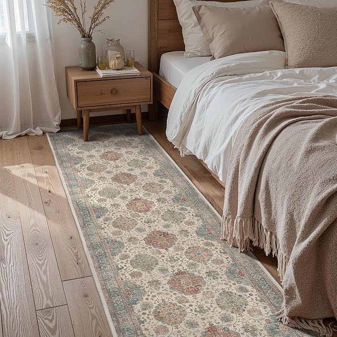 GENIMO Vintage Runner Rug 2'6''x10, Boho Hallway Rug with Non-Slip Backing, Machine Washable Low Pile Carpet for Entryway, Kitchen, Bedroom, Teal&Red