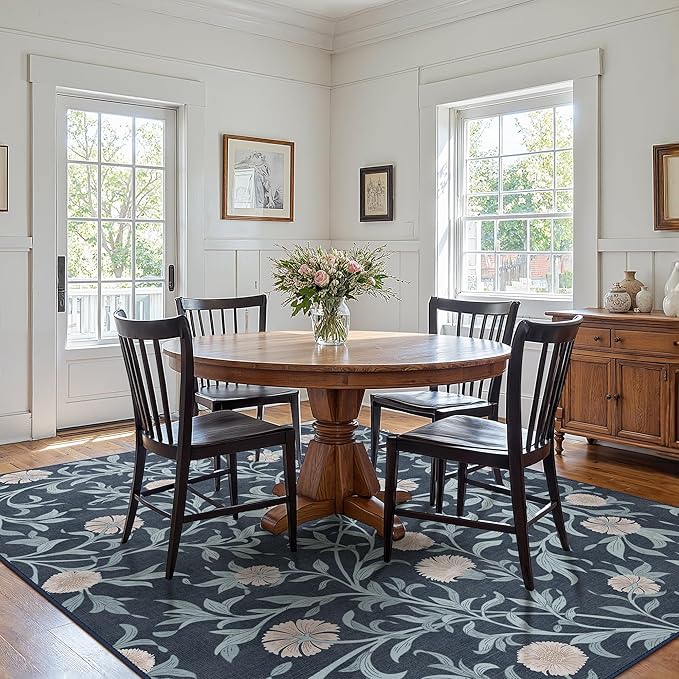 GENIMO 5x7 Vintage Floral Area Rug, Soft Microfiber Washable Rug with Non-Slip Backing, Blue and Black Carpet for Living Room, Bedroom and Dining Room