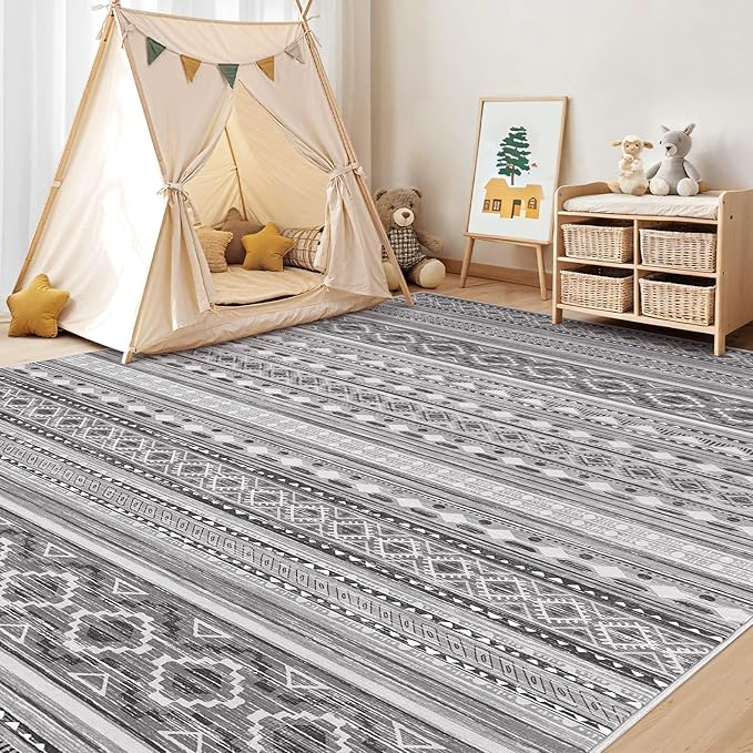 Area Rugs for Living Room Washable Living Room Rug Soft Neutral Indoor Floor Carpet Non-Slip Stain Resistant Modern Boho Rugs for Bedroom Dining Room Kids Room Nursery Office Home Grey/Beige