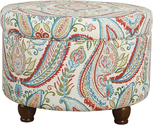 HomePop Home Decor | Upholstered Round Storage Ottoman | Ottoman with Storage for Living Room & Bedroom, Bold Paisley